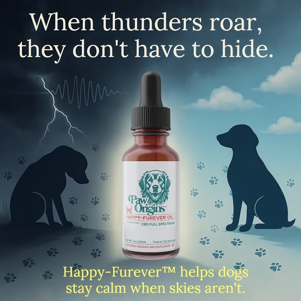A 1:1 square ad creative highlighting the calming benefits of CBD oil for pets during stressful weather events like thunderstorms.